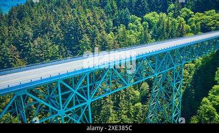 Blick aus der Vogelperspektive auf die Thomas Creek Bridge über die bewaldete Schlucht Stockfoto