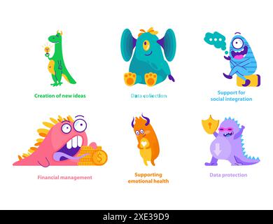 Monster Helper Set. Fantasievolle Kreaturen, die bei kreativen Problemlösungen und digitalen Aufgaben helfen. Metaphorische Interpretation von Dienstleistungen. Vektorabbildung. Stock Vektor
