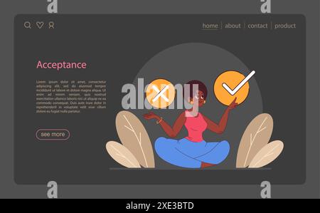 Webbanner oder Landing-Page im Nachtmodus oder im Dunkelmodus. Ruhiger Mensch, der Gleichgewicht findet. Geistige Stärke, psychologische Selbstkontrolle. Starke Entschlossenheit zum Ziel. Illustration des flachen Vektors Stock Vektor