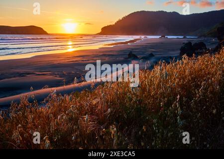 Sonnenuntergang über abgeschiedenem Strand und Klippen mit wogenden wilden Gräsern Stockfoto