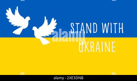 Text auf ukrainischem Flaggenstand mit der Ukraine. Logosymbol fliegende Friedenstaube. Weiße Tauben auf der Ukraine fla Stockfoto