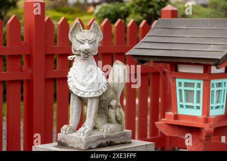 Nagahama, Präfektur Shiga, Japan. November 2023. Eine Steinstatue eines Fuchs Inari ÅŒkami Geistgottes von Japan. Statue eines Kätzchens A Stockfoto