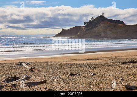 Ruhiger Strand mit Treibholz und Blick auf die Küstenklippen Stockfoto