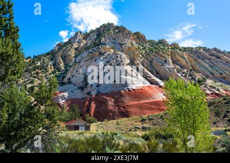 Red Hollow Slot Canyon Trail – hoch aufragende Felsformationen bieten einen atemberaubenden geologischen Kontrast mit leuchtenden roten und hellen Steinschichten. Stockfoto