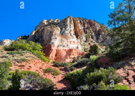 Red Hollow Slot Canyon Trail – hoch aufragende Felsformationen bieten einen atemberaubenden geologischen Kontrast mit leuchtenden roten und hellen Steinschichten. Stockfoto