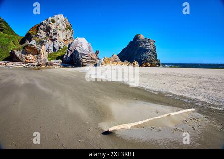 Schroffe Felsformationen und Treibholz auf abgeschiedenem Strand mit niedrigem Winkel Blick Stockfoto