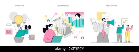 Soft-Skills-Set. Illustrationen zur Darstellung von Neugier, Vernetzung und Überzeugungskraft in professionellen Szenarien. Verbesserung der Teamkommunikation und der persönlichen Entwicklung. Vektorabbildung. Stock Vektor