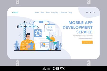 Internet-Services Web oder Landing-Page. Entwicklungsservice Für Mobile Apps. Entwicklung innovativer mobiler Anwendungen mit benutzerorientierten Designs und Funktionen. Kundenspezifische Lösungen für verschiedene Plattformen. Stock Vektor