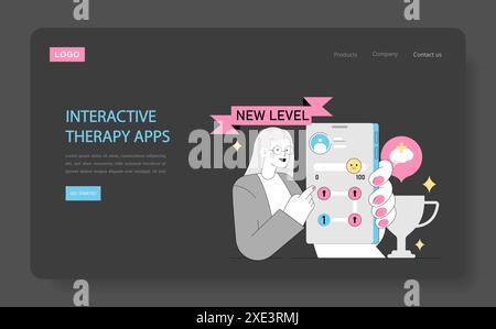 Gamification im Psychotherapiekonzept. Integration von Spielelementen in Therapie-Apps, um Patienten zu motivieren und Fortschritte zu verfolgen. Interaktive psychische Gesundheitsförderung. Vektorabbildung. Stock Vektor