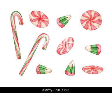 Traditionelle Weihnachtsbonbons Set Aquarellillustration. Weihnachtsbonbons mit roten, weißen, grünen Streifen. Bonbons isoliert auf dem Hintergrund für Greetin Stockfoto