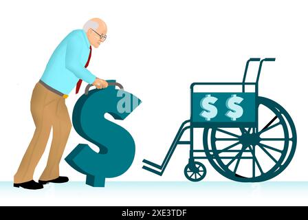 Ein älterer Mann benutzt ein Dollarzeichen als Walker, während er auf einen Rollstuhl in einer 3D-Illustration über die Kosten der Gesundheitsversorgung für ältere Menschen geht. Stockfoto