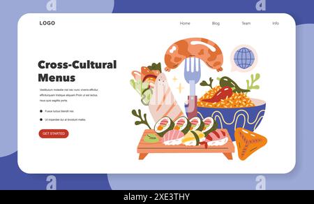 Multikulturelles Menükonzept. Eine visuelle Auswahl an verschiedenen Küchenelementen, die den globalen kulinarischen Austausch repräsentieren. Vektor-Illustration der Lebensmittelvielfalt. Stock Vektor