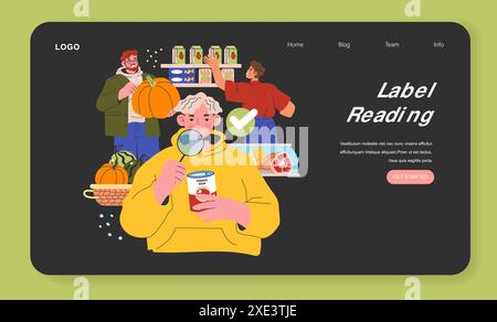 Low Histamine Diät Konzept. Menschen, die Lebensmitteletiketten auf Histamingehalt untersuchen. Gesunde Entscheidungen im Supermarkt treffen. Vektorabbildung. Stock Vektor