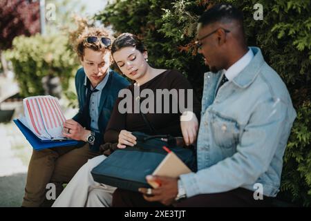 Verschiedene Geschäftsteams entwickeln Strategien in einer urbanen Umgebung im Freien und analysieren gemeinsam Daten Stockfoto