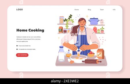 Hausfrauenkonzept. Eine ruhige Frau bereitet eine Mahlzeit in einer gemütlichen Küche mit Zutaten und Utensilien zu. Heimelige Atmosphäre bei der Zubereitung von Speisen. Vektorabbildung. Stock Vektor