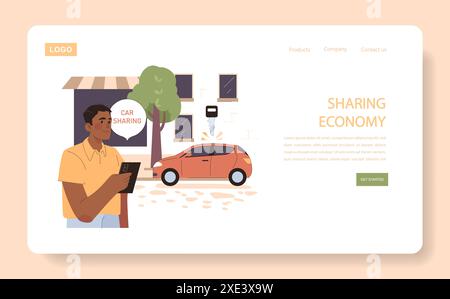 Sharing Economy Set. Optimierung der urbanen Mobilität durch Carsharing-Dienste. Mann, der eine Fahrt mit einer Smartphone-App Bucht. Solarbetriebene Fahrzeuge zur Förderung eines nachhaltigen Stadtverkehrs. Stock Vektor