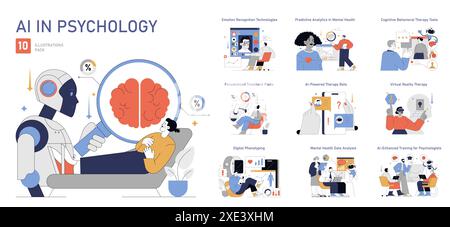 KI in Psychologie Set. Integration künstlicher Intelligenz in psychische Gesundheitspraktiken. Emotionale Erkennung, prädiktive Analyse und therapeutische Robotik. Vektorabbildung. Stock Vektor