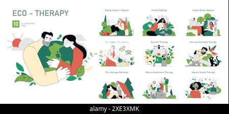 Öko-Therapie-Set. Heilende Wechselwirkungen mit Natur und Tier. Digitale Entgiftung, Waldbad, Gartenarbeit und städtische Grünflächen. Vektorabbildung. Stock Vektor