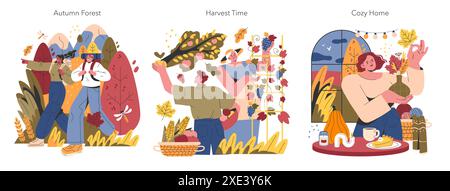 Willkommen im Herbst. Wandern im Herbstwald, Obstpflücken während der Erntezeit und gemütliche Momente zu Hause. Herbstliche Aktivitäten und Entspannung. Vektorabbildung. Stock Vektor