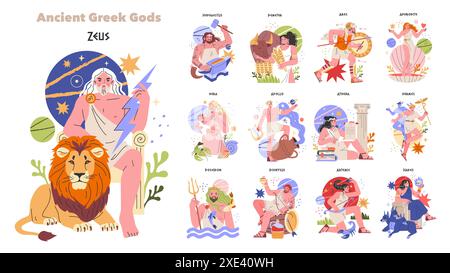 Alte griechische Götter Set. Pantheon der Olympianer mit symbolischen Attributen. Zeus mit einem Blitz, Athena mit einer Eule und andere. Vektorabbildung. Stock Vektor