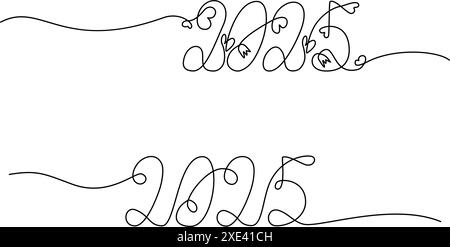 2025 Handschrift durchgehende Linie. Set aus 2 verschiedenen Schreibweisen, einfach und mit dekorativen Elementen. Vektor. Isolieren. EPS. Karten, Poster, Banner, Broschüre, Preis, Label oder Web, Design-Konzept für Werbeaktionen Stock Vektor