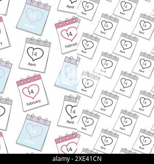 Kalenderseiten mit Datum am Valentinstag, weiß und schwarz sowie nahtlosem Herzmuster. Set aus 2 Textur isolieren. EPS. Vektor für Tapeten, Verpackungen oder Web, Karten, Poster, Etiketten oder Preise Stock Vektor