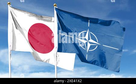 Japanische Flagge und Flagge der Organisation des Atlantischen Vertrags auf bewölktem Himmel. Im Himmel winken Stockfoto