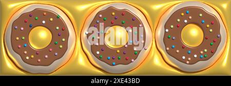 Donuts mit bunten Zuckerstreuseln auf gelbem Hintergrund, 3D-Rendering-Illustration Stockfoto