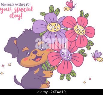 Glücklicher Hund mit großem Blumenstrauß mit Schmetterlingen. Ferientrickfilm Kawaii-Charakter Tierwelpe. Vektorabbildung. Kinderkollektion Stock Vektor
