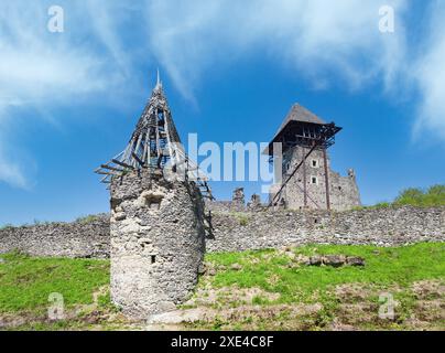 Sommerblick auf die Ruinen der Burg Nevyzki (Dorf Kamyanitsa, in der Nähe von Uschhorod, Oblast Zakarpattia, Ukraine). Erbaut im 13. Jahrhundert. Stockfoto