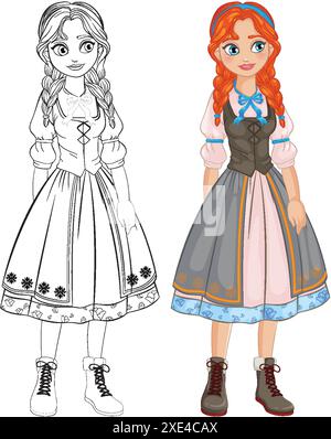 Ein Mädchen in traditioneller Kleidung, farbig und umrissen Stock Vektor