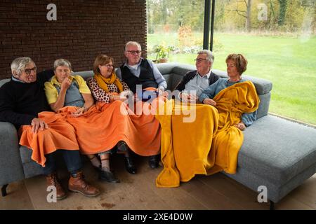 Ältere Freunde genießen einen gemütlichen Nachmittag drinnen Stockfoto
