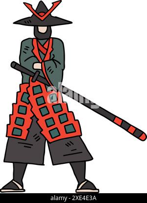 Ein Mann im Samurai-Kostüm, der ein Schwert hält. Das Bild ist Schwarzweiß. Die Szene ist ernst und fokussiert Stock Vektor