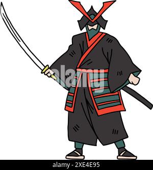 Ein Mann im Samurai-Kostüm, der ein Schwert hält. Das Bild ist Schwarzweiß. Die Szene ist ernst und fokussiert Stock Vektor