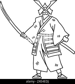 Ein Mann im Samurai-Kostüm, der ein Schwert hält. Das Bild ist Schwarzweiß. Die Szene ist ernst und fokussiert Stock Vektor