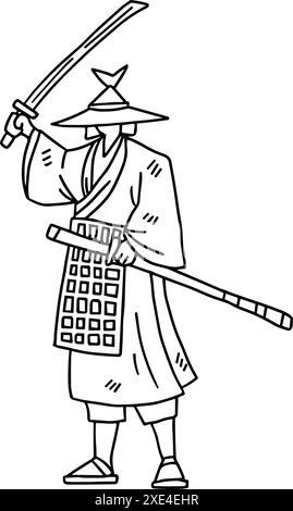 Ein Mann im Samurai-Kostüm, der ein Schwert hält. Das Bild ist Schwarzweiß. Die Szene ist ernst und fokussiert Stock Vektor