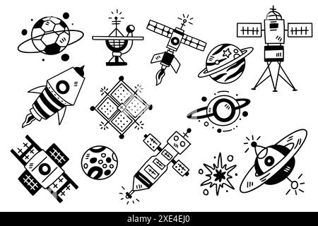 Eine Sammlung von Zeichnungen zum Thema Weltraum, einschließlich Raketen, Planeten und Satelliten. Die Szene ist verspielt und phantasievoll, mit einem Fokus auf die Weite und Stock Vektor