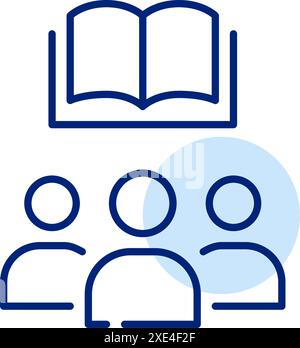 Gruppe von Personen und offenes Buch. Kollektives Lernen, Gruppenstudium oder Buchclub. Bibliothek oder Buchladen. Symbol für perfekte Pixel Stock Vektor