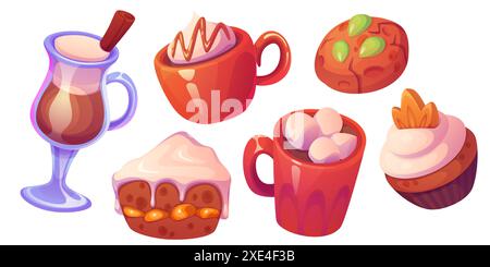 Gewürzkuchen Latte. Niedliche Herbstkürbis-Kaffee-Karikaturillustration. Halloween-Drink und Dessert-Ikonen. Leckeres Bäckerei-Set mit rotem Becher isoliertem Design. Creme-Cappuccino-Getränk zum Frühstück Stock Vektor