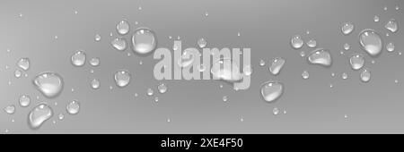 Wassertropfen auf nasse Oberfläche. Vektor-realistische Illustration von Kondensat, Tau, kosmetischem Gel, Serum, Öltröpfchen, Hautpflegemittel, transparente Flüssigkeitsblasen, Design-Elemente für Dusch- oder Badezimmerwände Stock Vektor