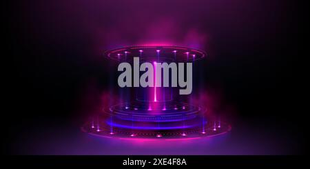 3D-Techn-Hologramm-Podium oder Lichtportal-Plattform. Spielbühne in Pink Neon. HUD-futuristischer Teleport mit Fantasy-Glow-Effekt. Cyber Casino Design mit Rauch und rundem Basiselement zur Produktpräsentation Stock Vektor