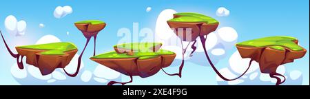 Arcade Game Level Landschaft mit fliegender Insel Plattform zum Springen. Cartoon-Vektor schwimmende Bodenstücke mit grünem Gras auf der Spitze einer Wurzeln, blauer Himmel mit Wolken. Mobile Videospiel-Abenteuer-Szene. Stock Vektor