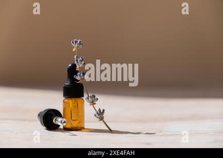 Tropfer aus Glasflaschen mit getrockneten Lavendelblüten. Ätherische Öle aus Wildgeerntet Schönheitsprodukt. Bio-Kräuter-Hautpflegewirkstoff Stockfoto