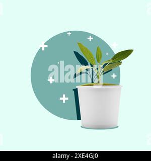 Lebendige grüne Pflanze, die natürliche Medizin und Wachstum auf blauem und weißem Hintergrund symbolisiert. Vielseitig für Gesundheitsprojekte Stockfoto