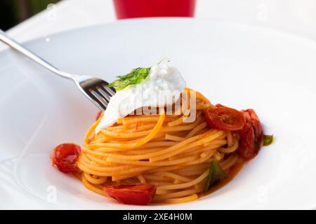 Italienische Pasta - Spaghetti mit Mozzarella-Käse-Nahaufnahme, mediterrane Diät. Stockfoto