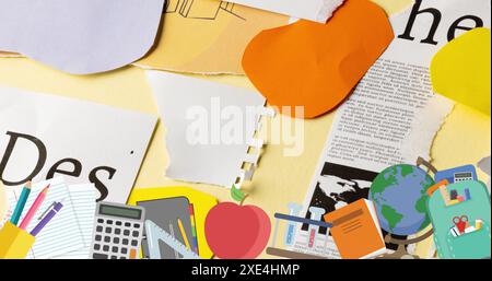 Bild von Schulsymbolen über Papier-Collage Stockfoto