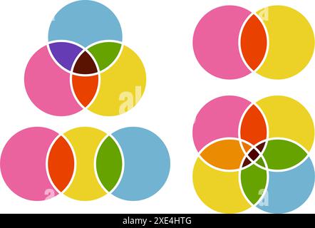 Venn-Diagramme. Kreisschnittpunkt für Infografik. Diagrammvorlage 2, 3 und 4. Vektorgrafik für Unternehmen. Mathematische Objekte des Risographen Stock Vektor