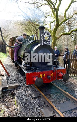 Die Dampflokomotive Nr. 3 nimmt bei Dolgoch auf der Schmalspurbahn Talyllyn, Wales, Wasser. Stockfoto