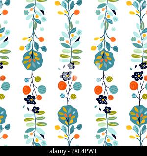 Nahtloses Muster mit hellen Waldbäumen und Blumen im Volkskunststil auf weißem Hintergrund. Ideal für Textilien, Tapeten und Frühlingsdesigns. Mit lebendigen Farben und traditionellen Motiven... Stock Vektor