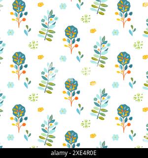Blumenmuster Pflanzen, Blumen, weißer Hintergrund helle, leuchtende Farben Blumen Frühlingssommermotive, Textilien und Tapeten. Fängt eine frische und verspielte Atmosphäre mit Einflüssen aus Volkskunst und Walddetails ein. Stock Vektor